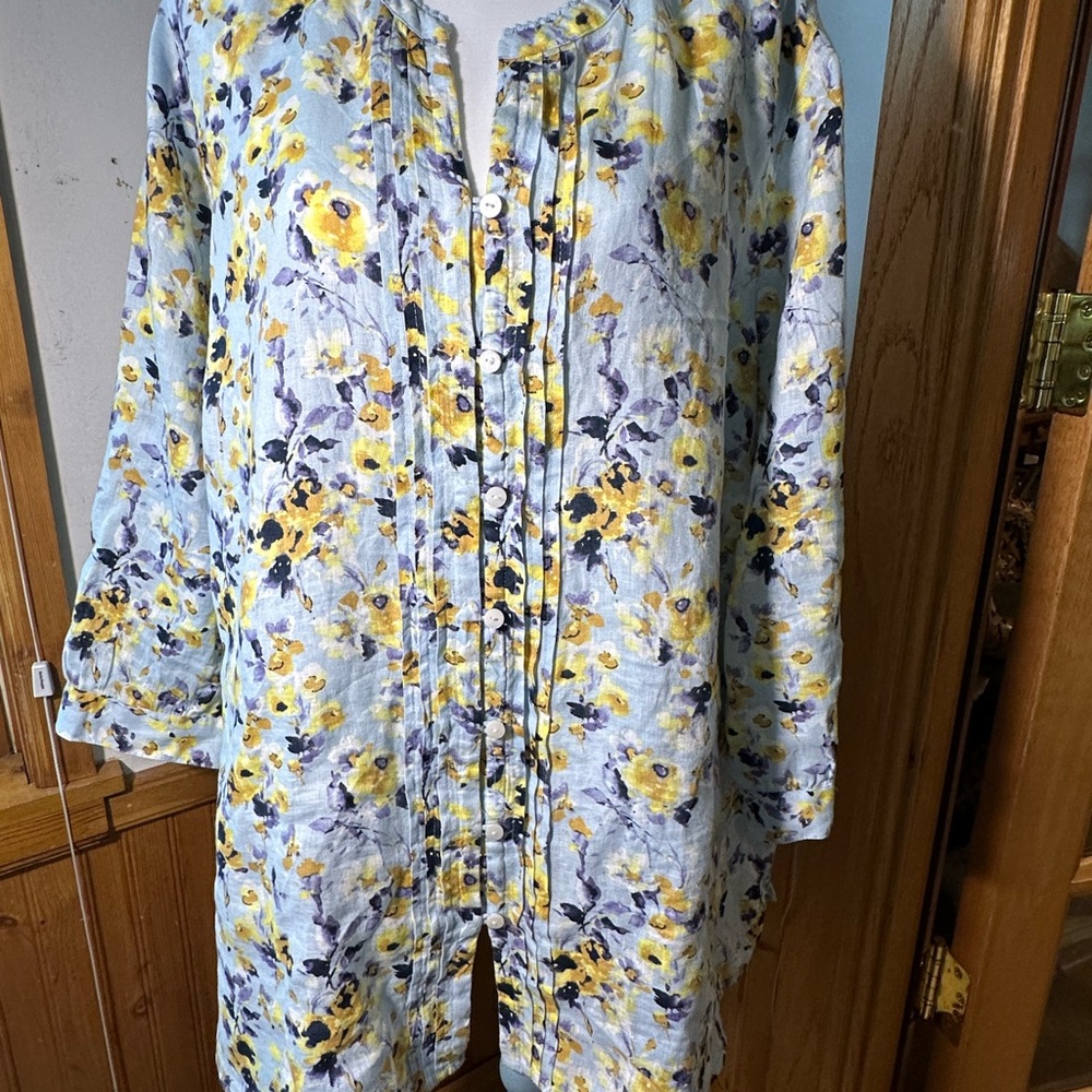 J Jill Love Linen pin-tucked pleated floral tunic blouse